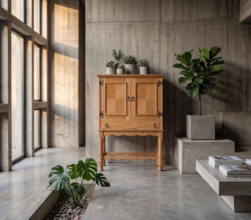 Small Brutalist Oak Cabinet with Brass Handles, Denmark, 1960s