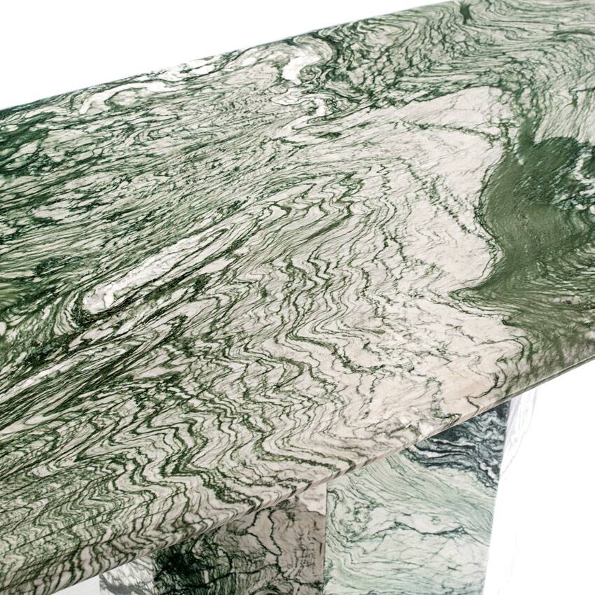 Vintage dining table in green and white veined marble. Completely restored. Italy, 90's