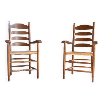 Pair of Dutch oak ladderback armchairs with rush seats – 1960s