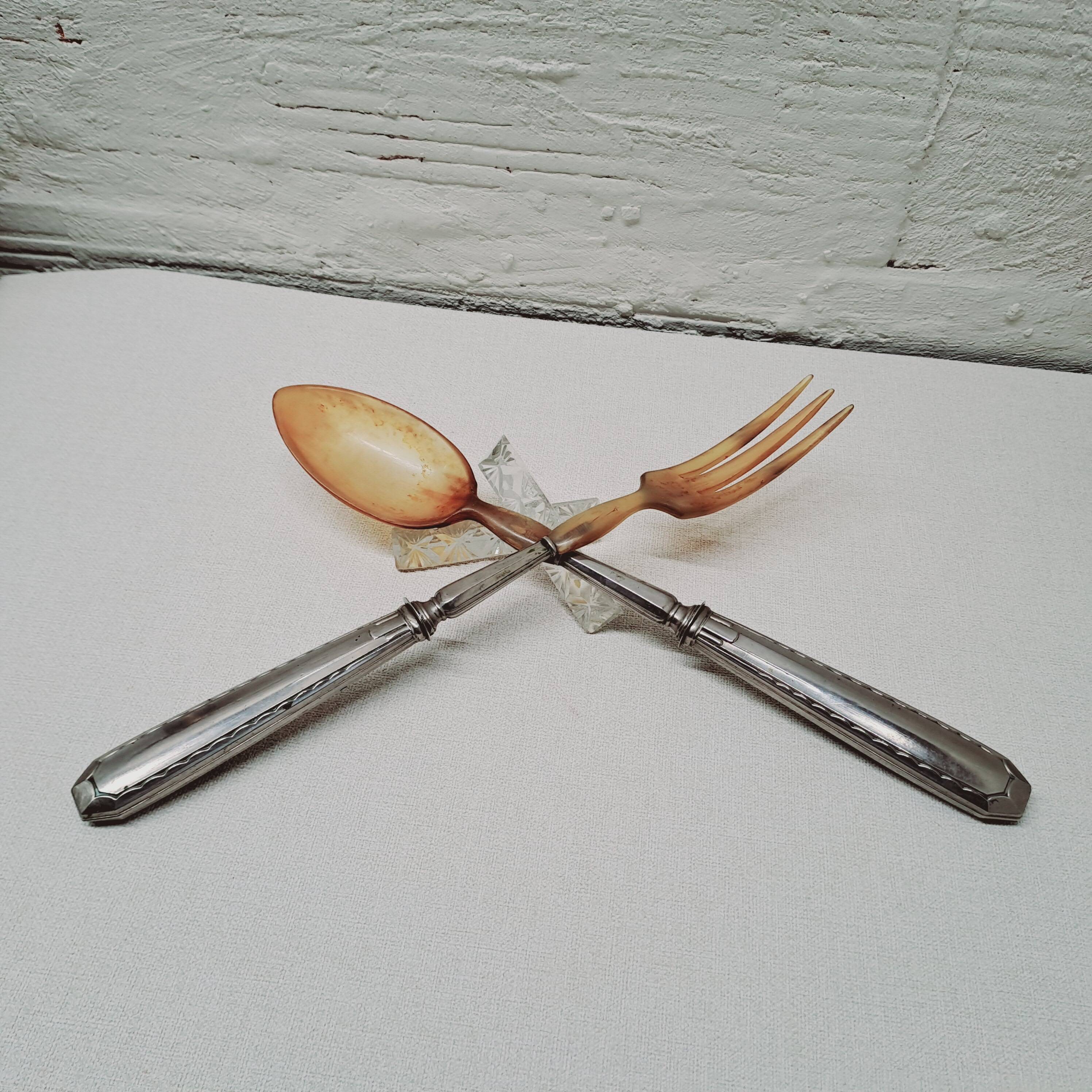 Horn and silver-plated salad servers