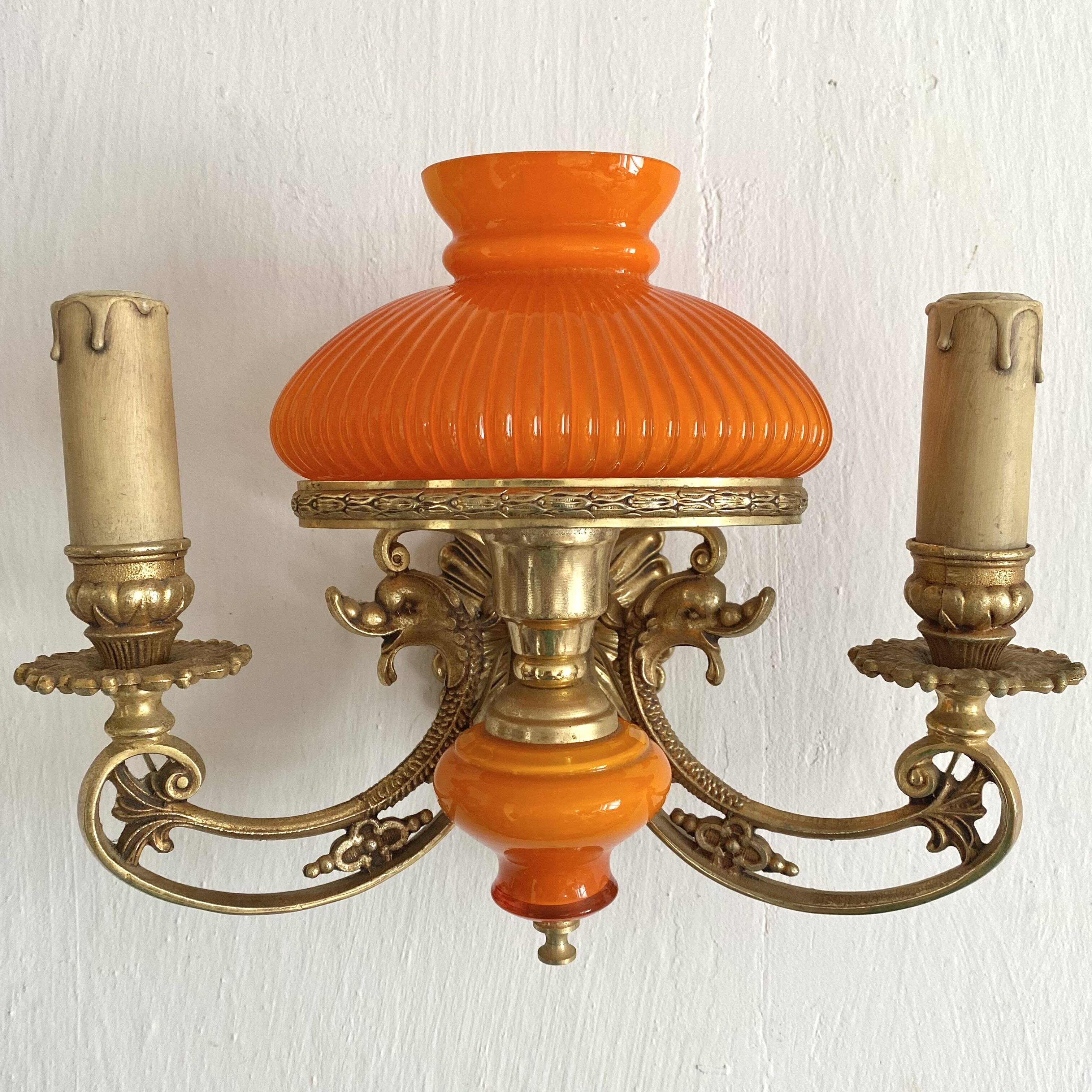Double wall light in brass and orange opaline, 1960s.