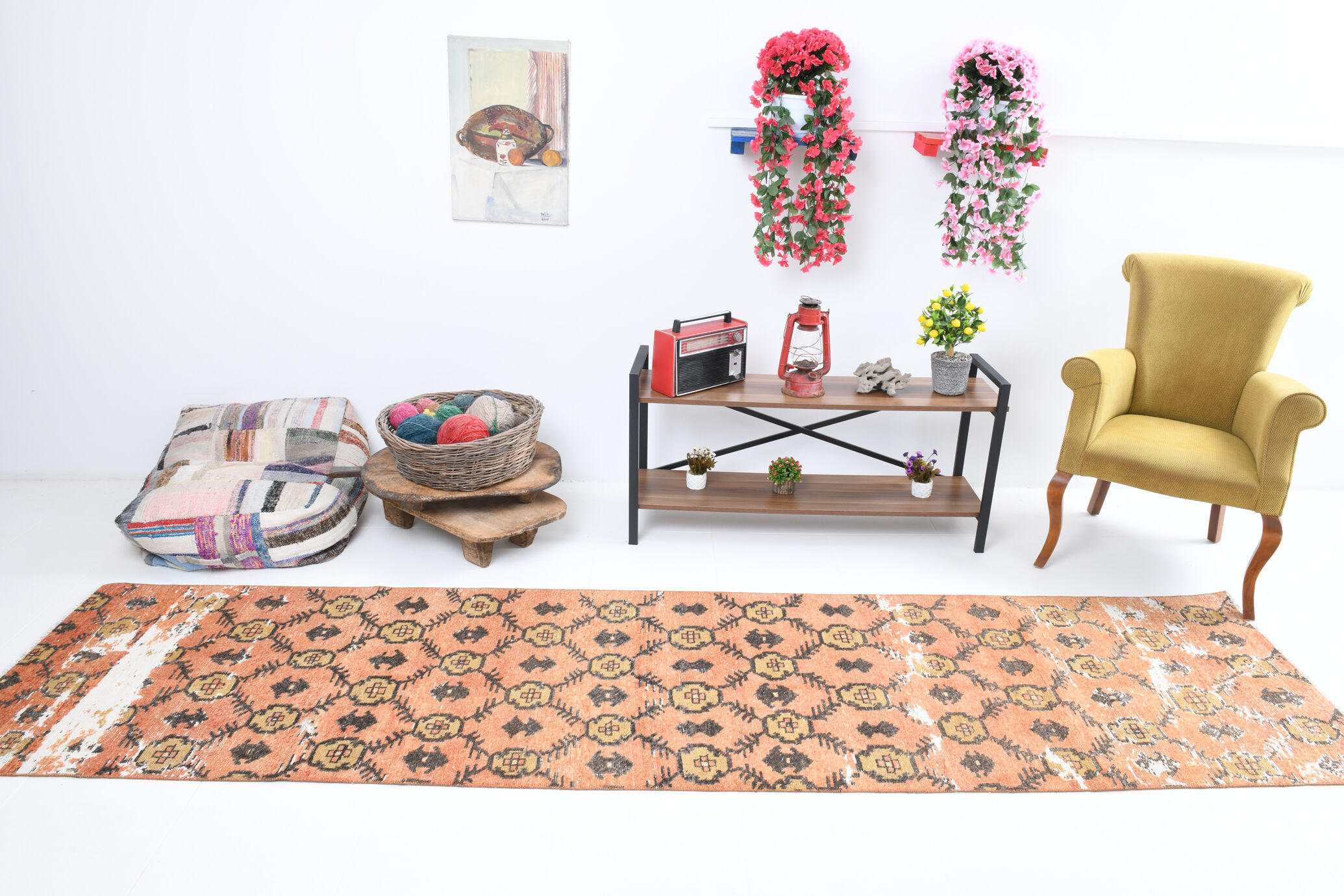 Geometric pattern turkish runner rug 350x85cm