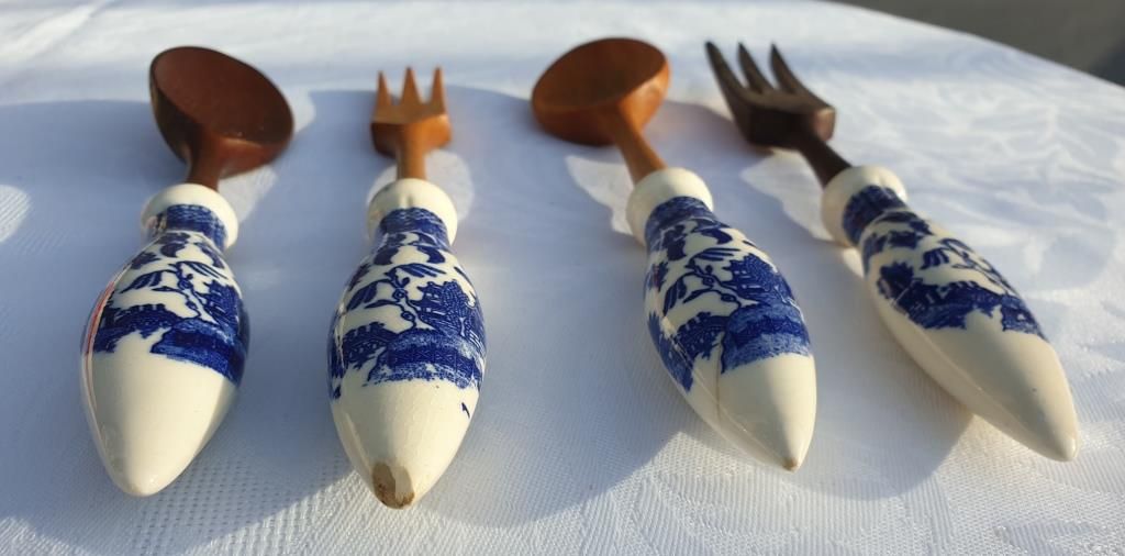 Salad set vintage 1970 wood and porcelain Japanese scenes