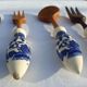 Salad set vintage 1970 wood and porcelain Japanese scenes