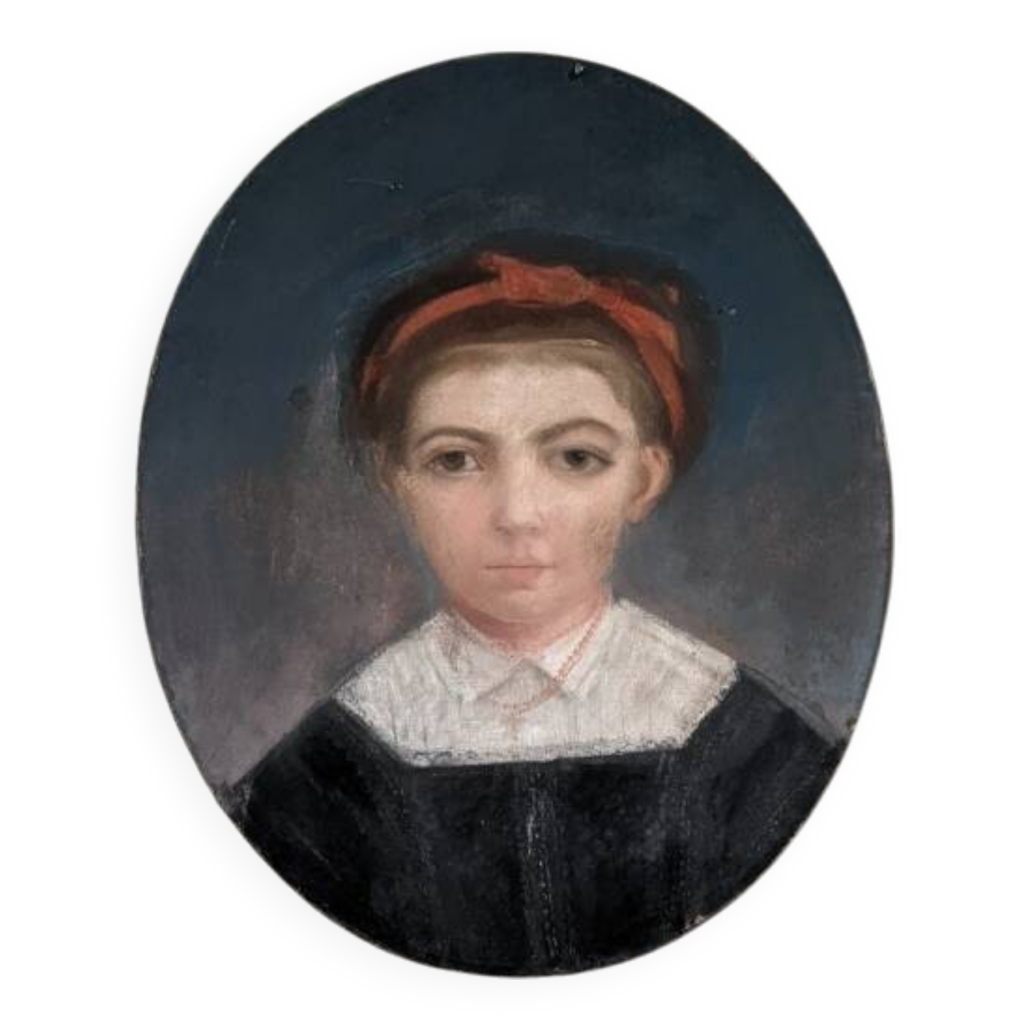 Antique pastel portrait of a young girl, oval painting, countryside decoration, 19th century