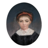 Antique pastel portrait of a young girl, oval painting, countryside decoration, 19th century