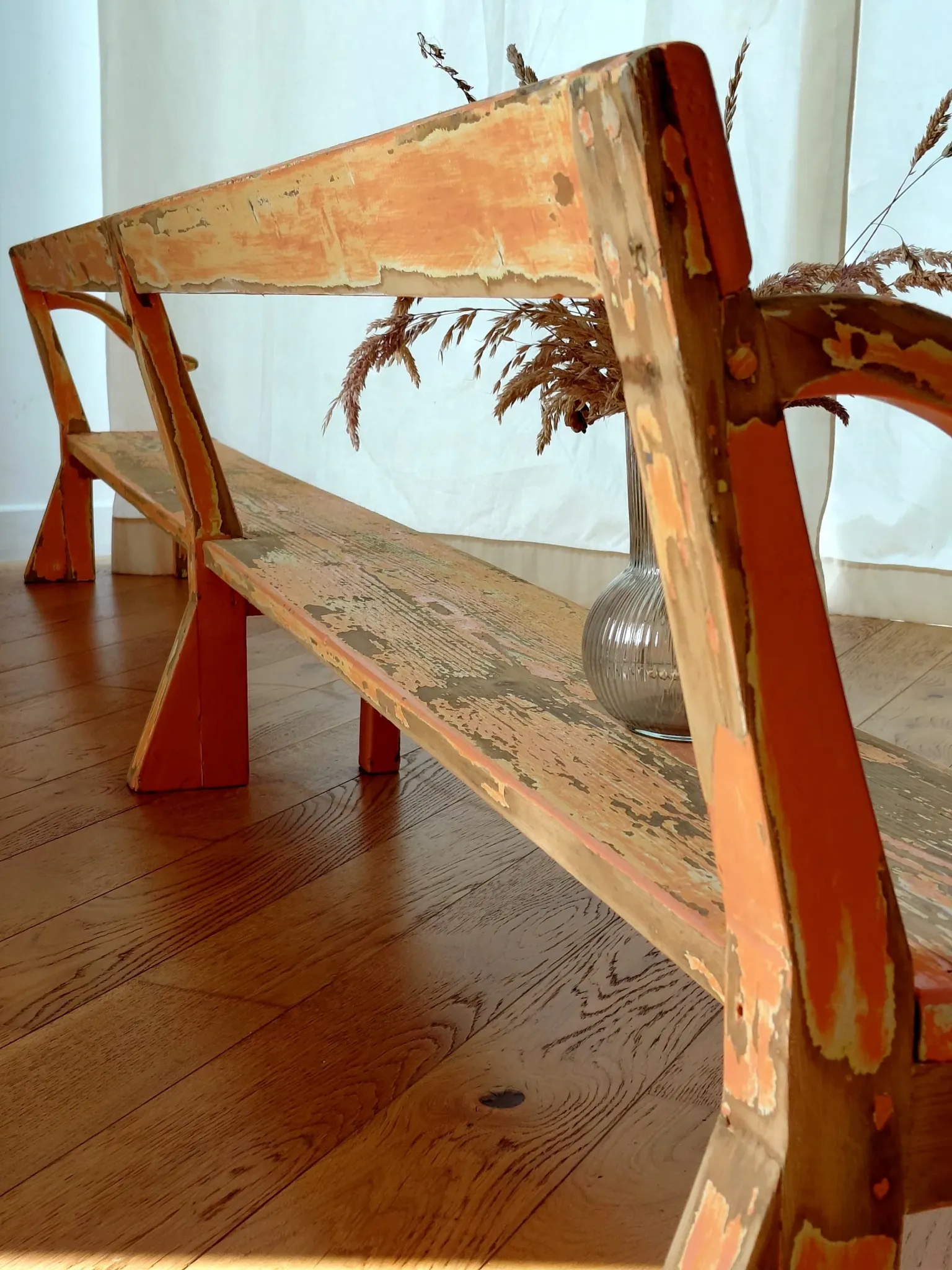 Large antique church bench 268 cm - Unique piece with flaking patina