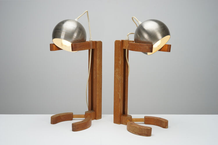 Paire de lampes Italienne en bois et métal des années 70