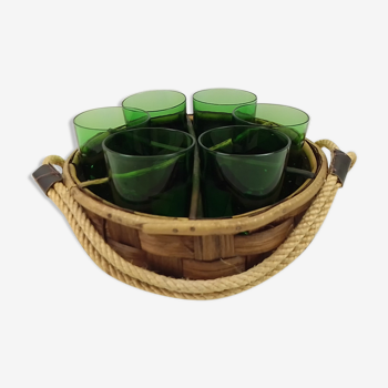 Basket handle style crate and 6 green glass glasses