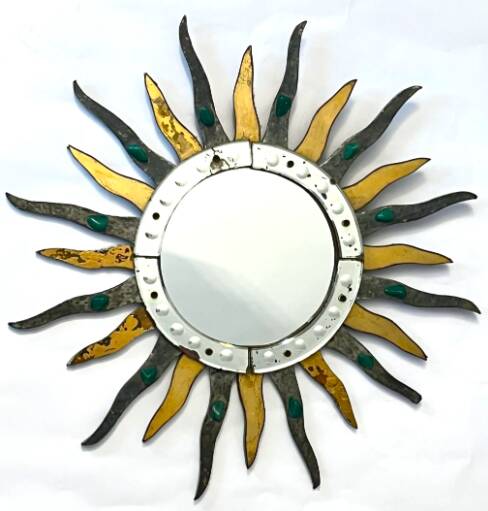 Sun-shaped mirror, wooden frame, circa 1980.