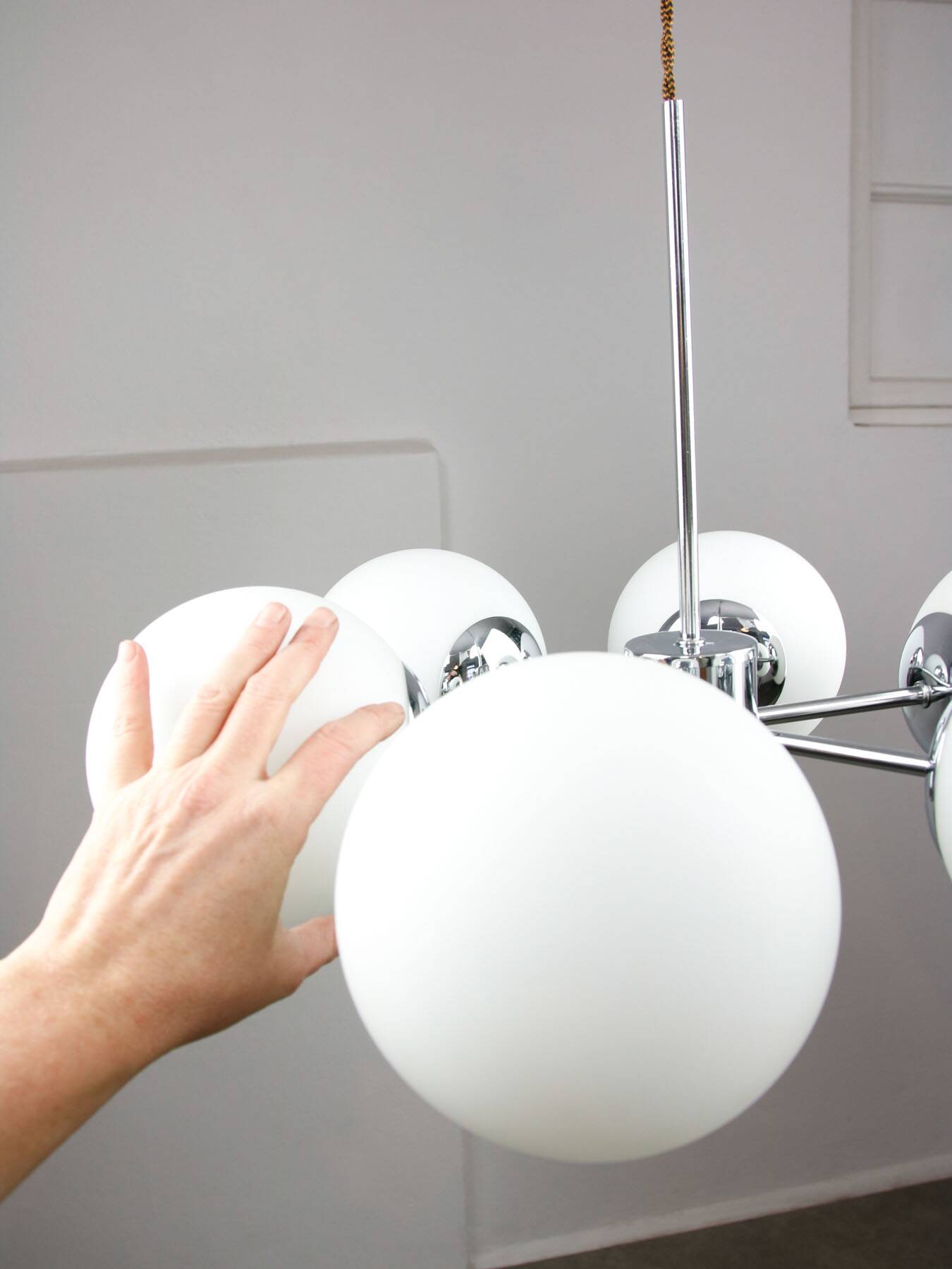 Space Age Italian Sputnik Chrome and Opaline Chandelier, 1970s