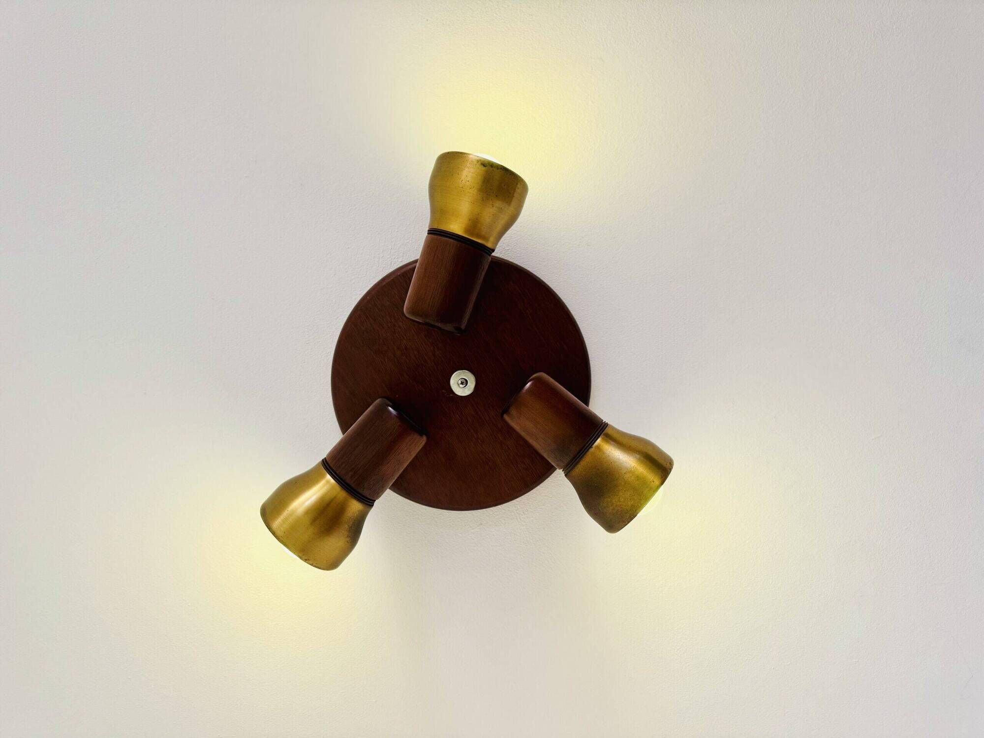 Model 837 Trio-Light Adjustable Ceiling Lamp In Wood And Brass By Temde Leuchten, Switzerland 1960S