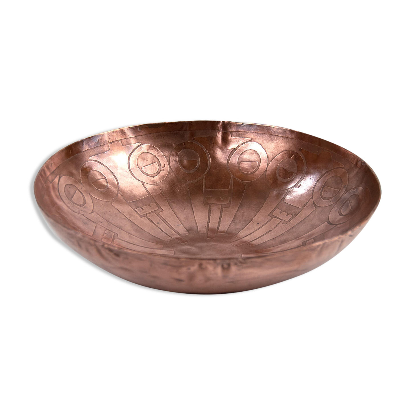 1930s Rare copper bowl with etched motif