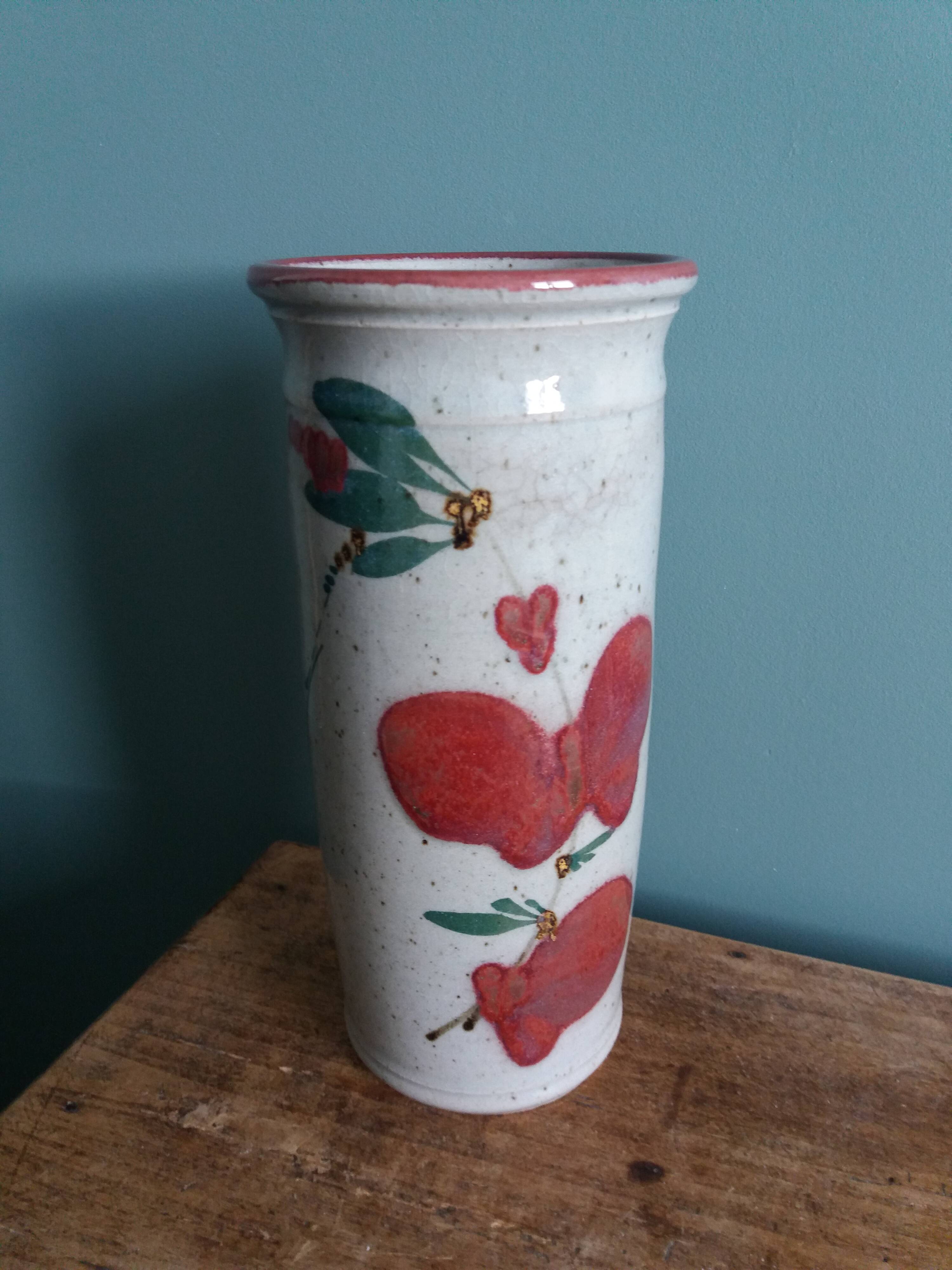 Signed scroll vase with poppy dragonfly decor