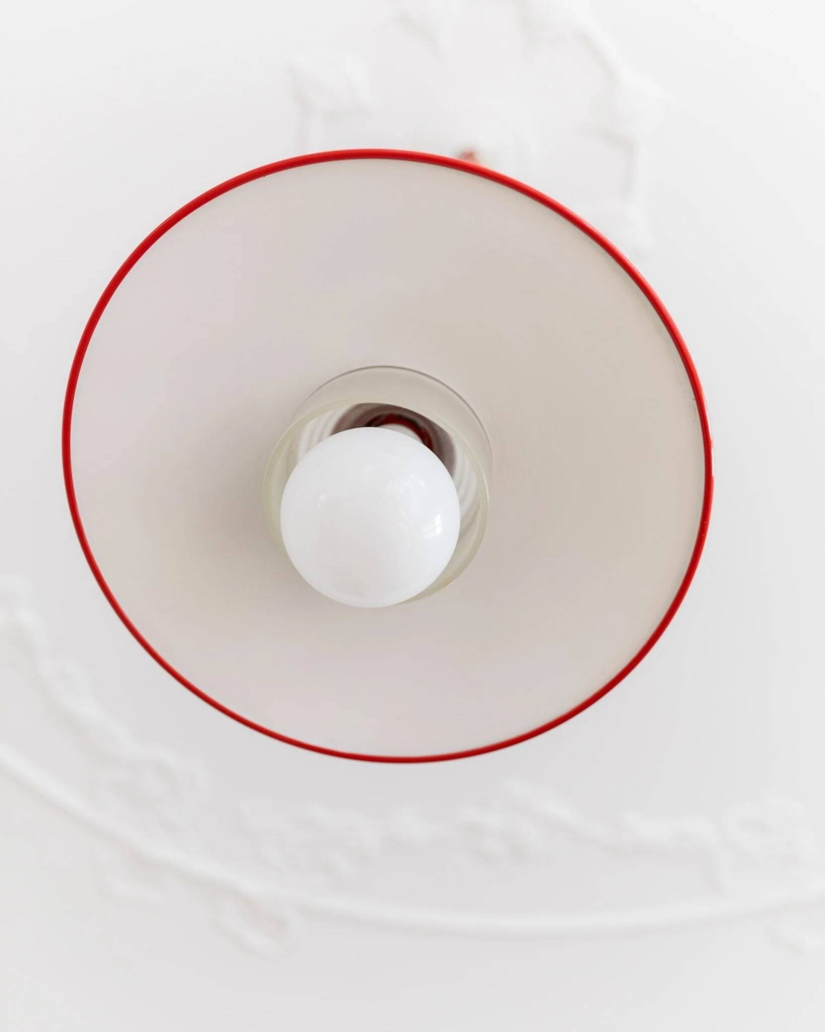 Red metal and glass Danish ceiling light, mid-century Memphis-inspired pendant with opal globe