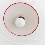 Red metal and glass Danish ceiling light, mid-century Memphis-inspired pendant with opal globe