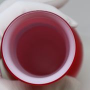 Red Murano glass vase in white shirt ( incamiciato ) , Made in Italy Moretti