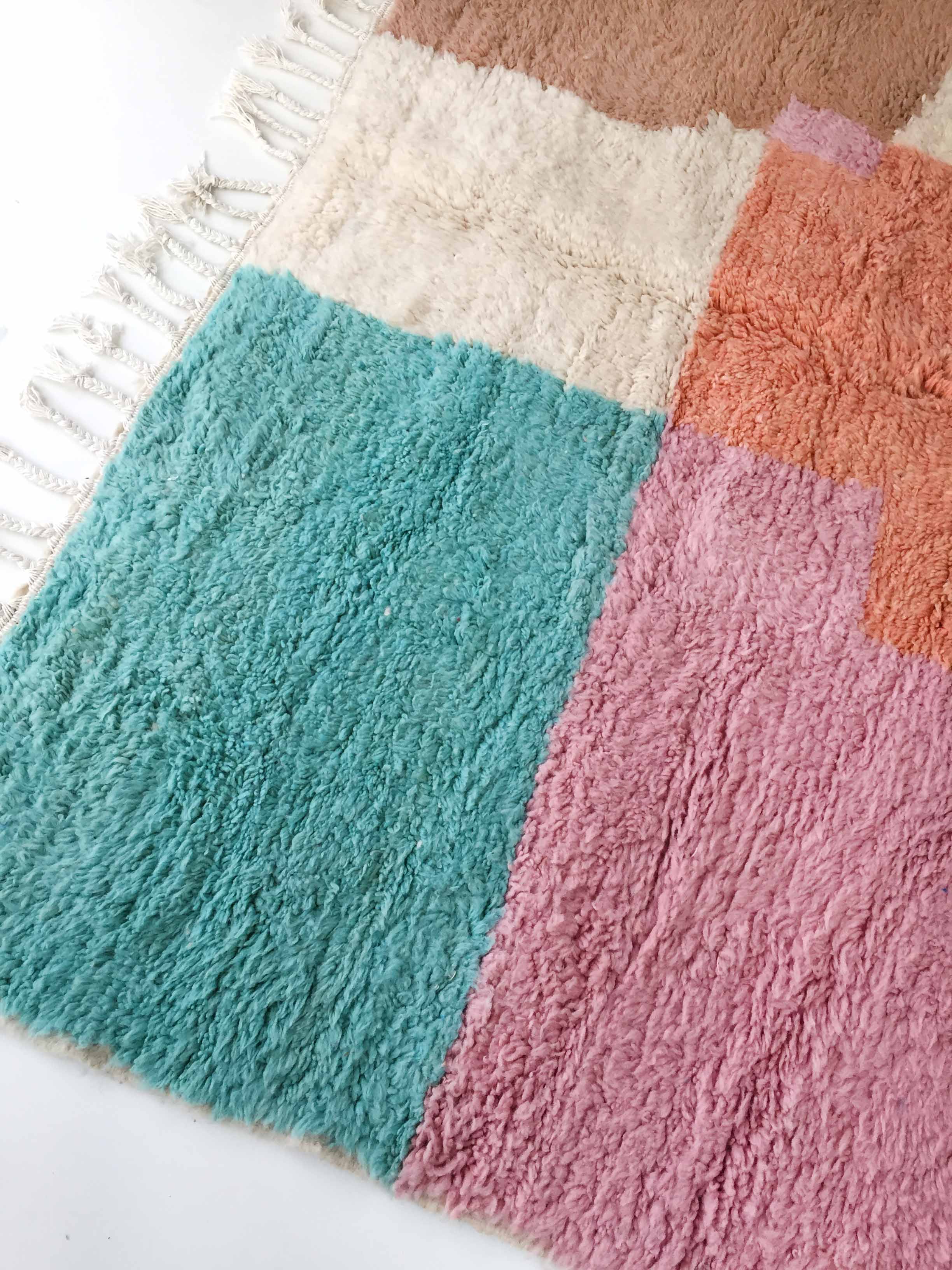 Moroccan Berber carpet Boujaad ecru with colorful flats 273x206cm