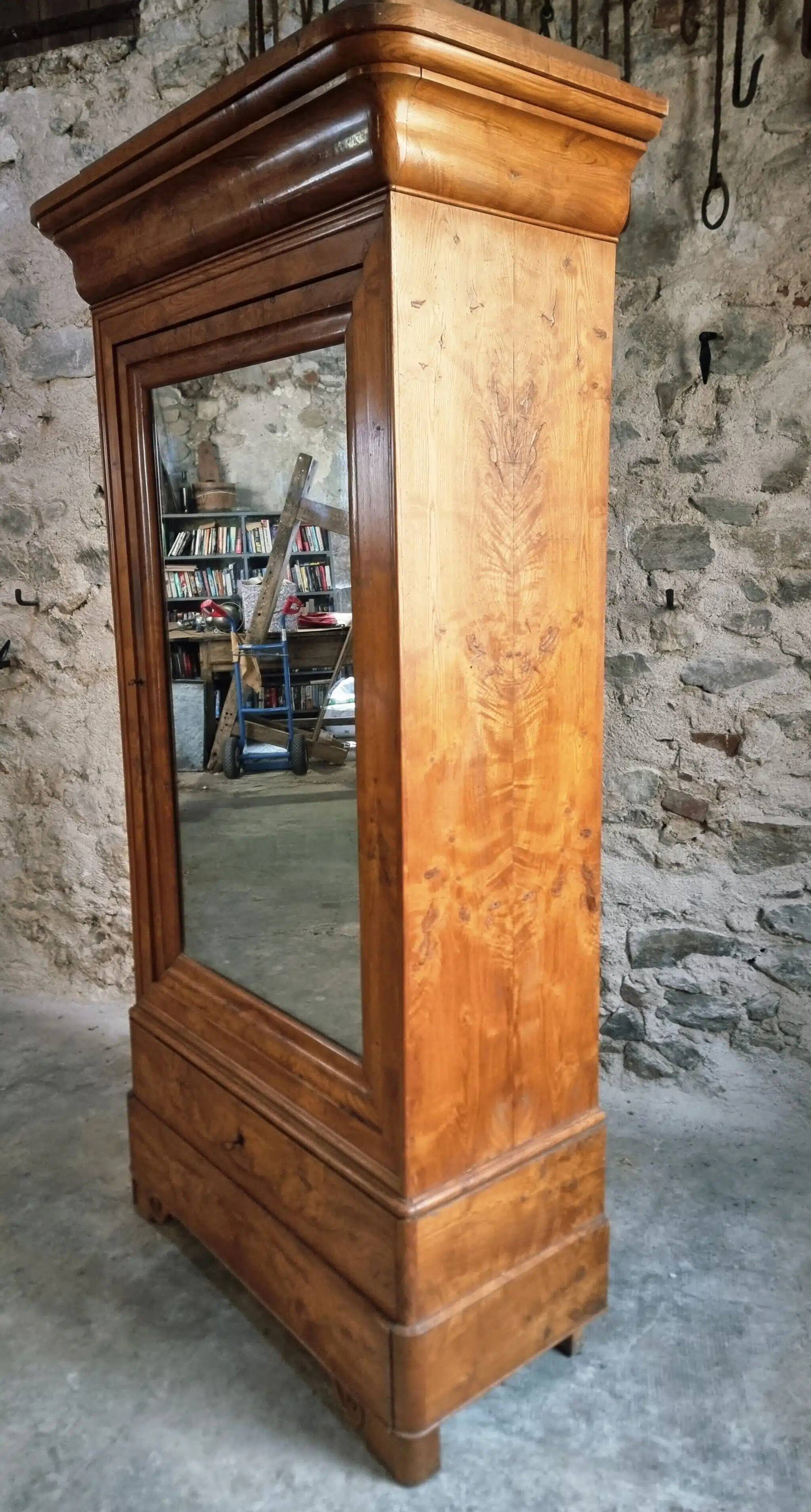 Antique French Louis Philippe wardrobe / wardrobe – elm and oak, mirrored door, 19th century