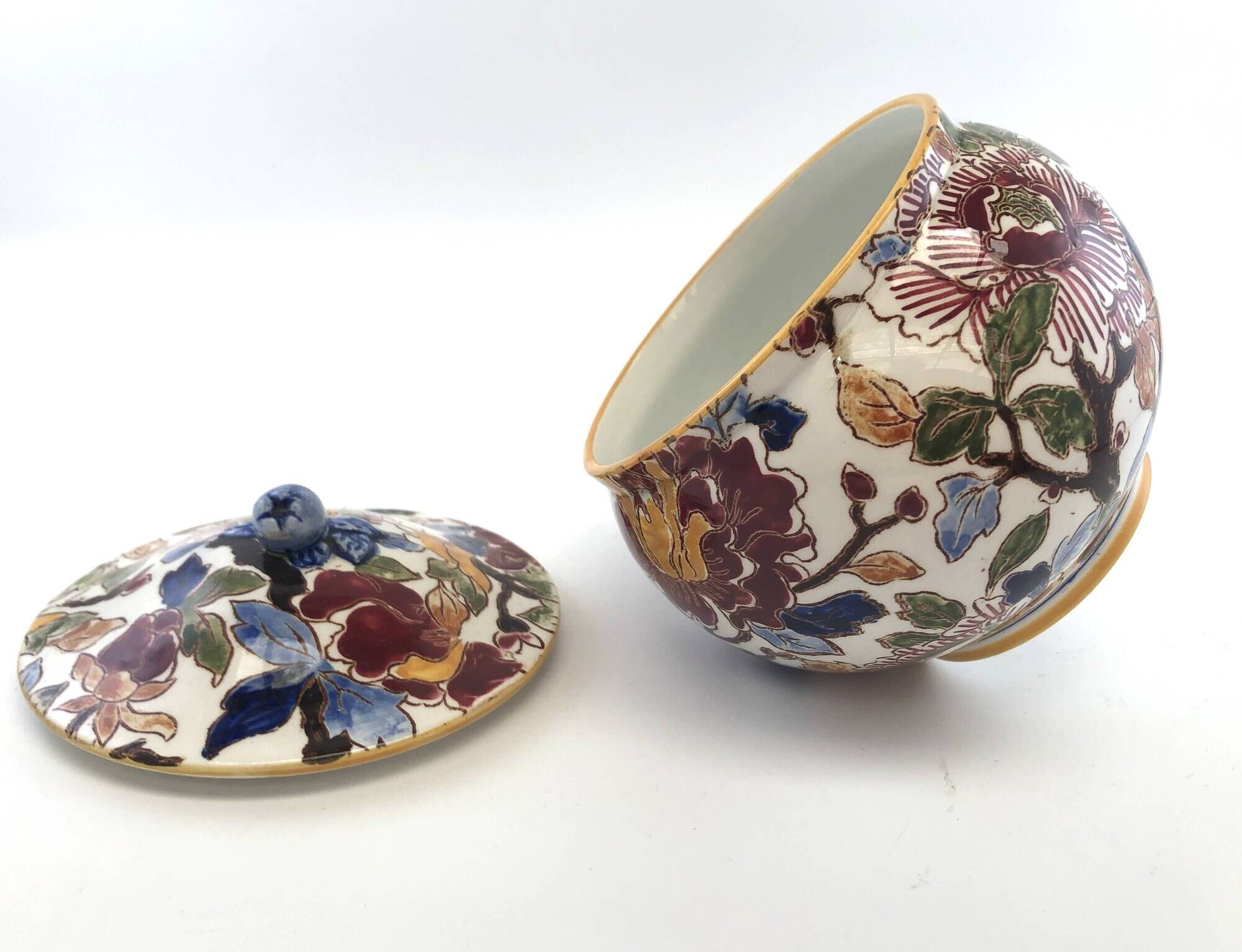 Old Sugar Bowl Candy Box Covered Earthenware Pot Gien Peonies