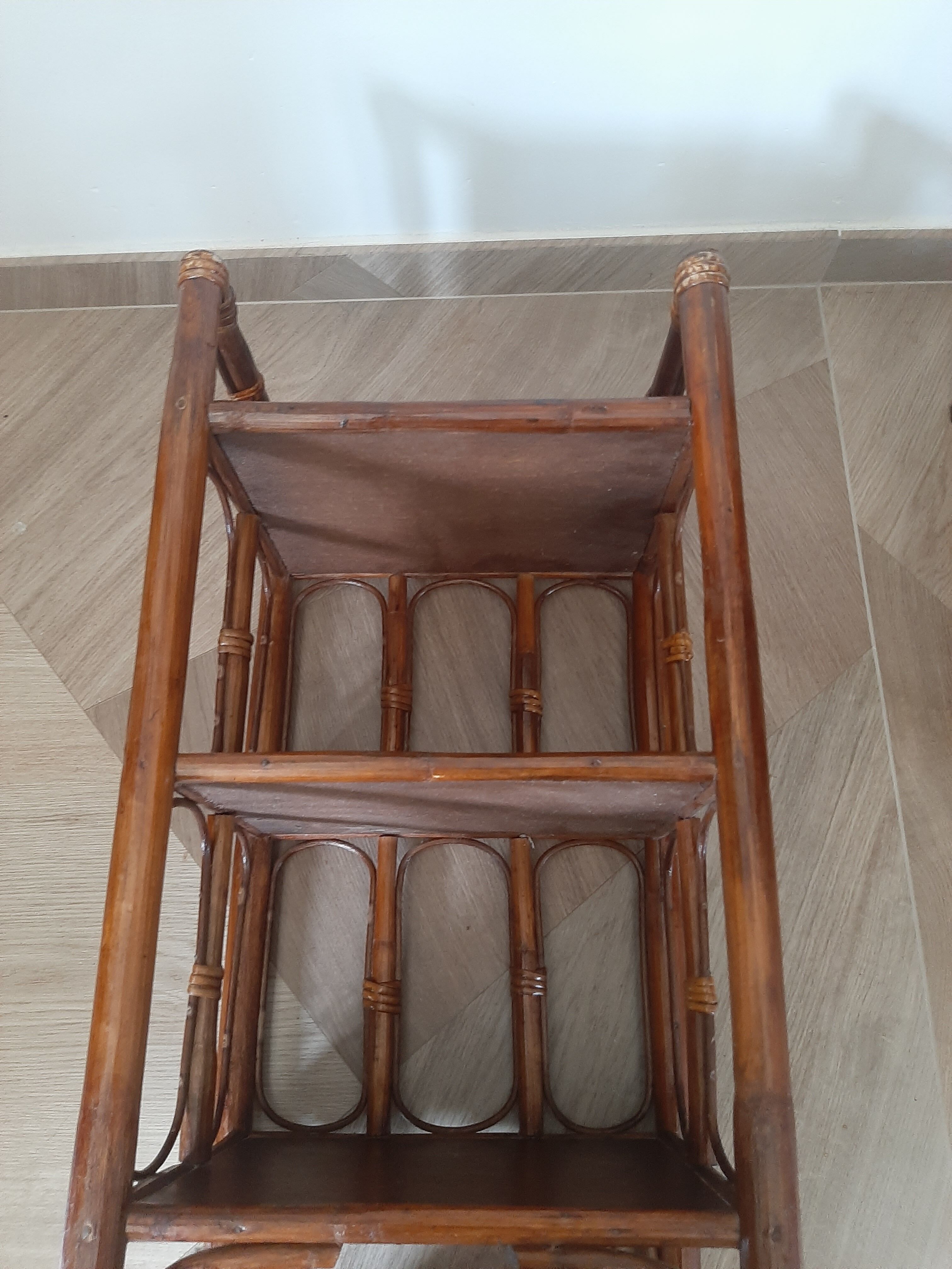 Vintage - set of 2 shelves of wooden floor, bamboo and rattan - 3 levels- retro 80s