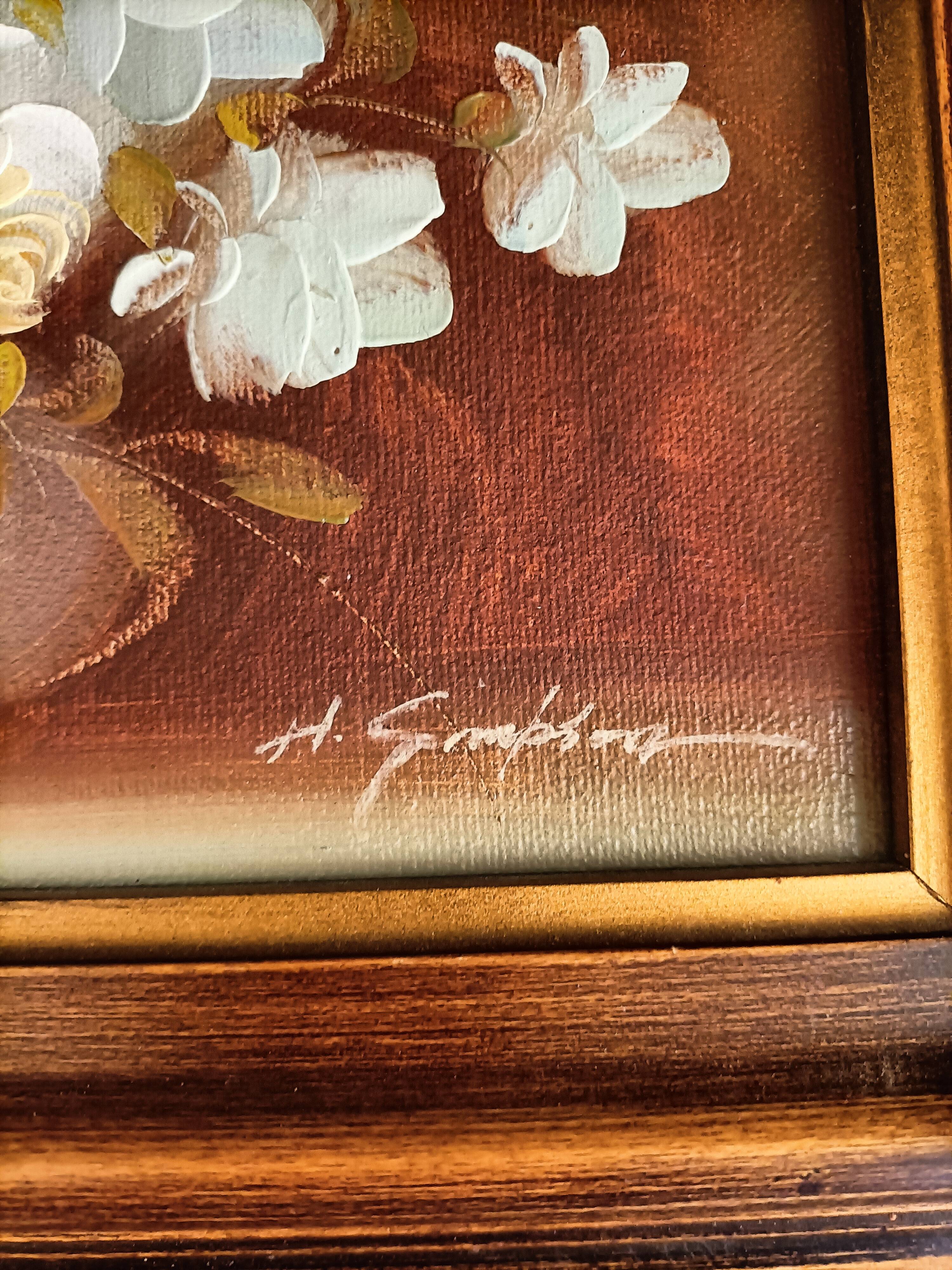 Still life painting with flowers, artist's signature