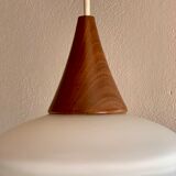 Vintage teak and opaline pendant lamp by Louis Kalff for Philips