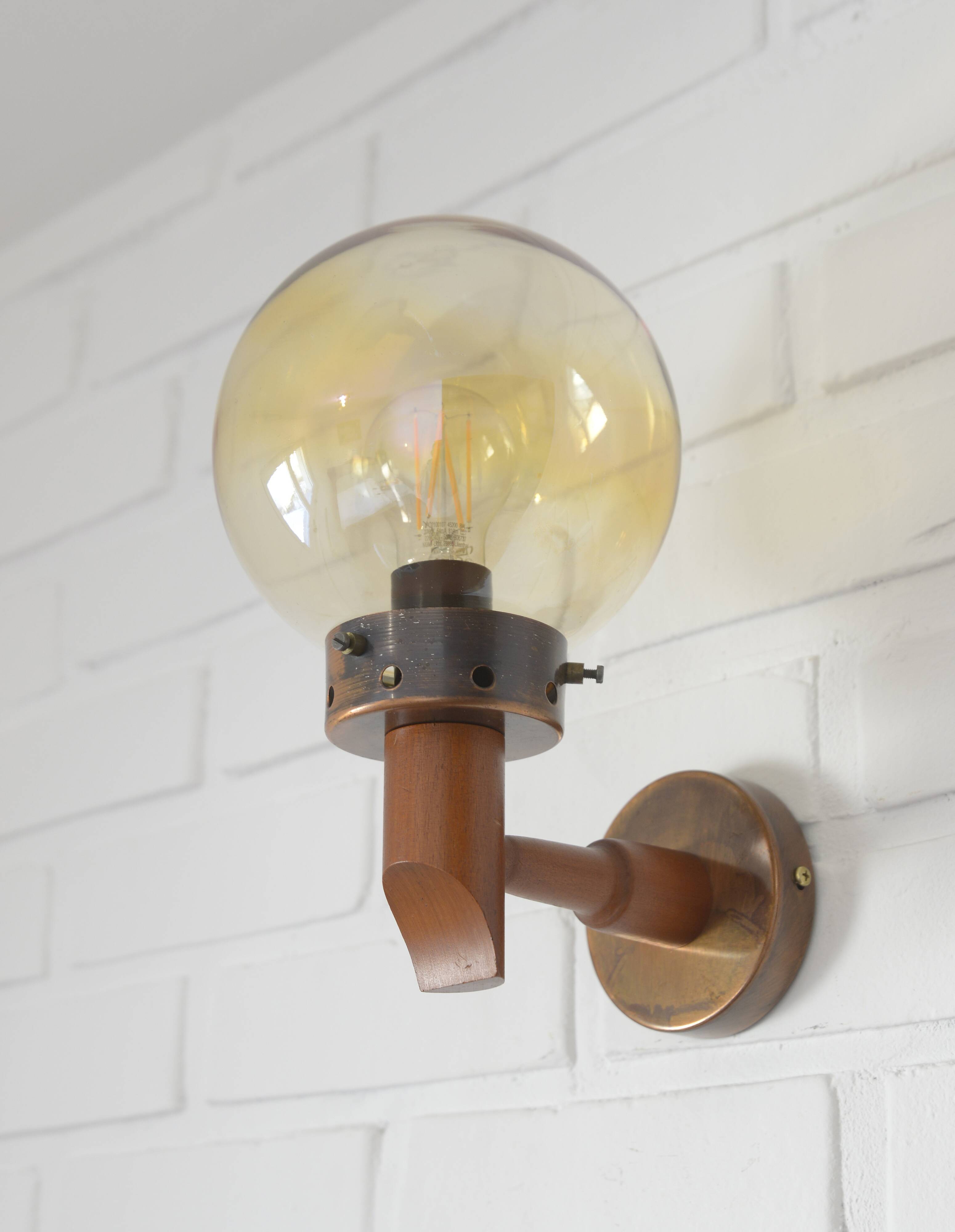 1 of 6 vintage wall lamps, rustic sconces, wood and copper amber glass 1980