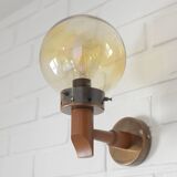 1 of 6 vintage wall lamps, rustic sconces, wood and copper amber glass 1980