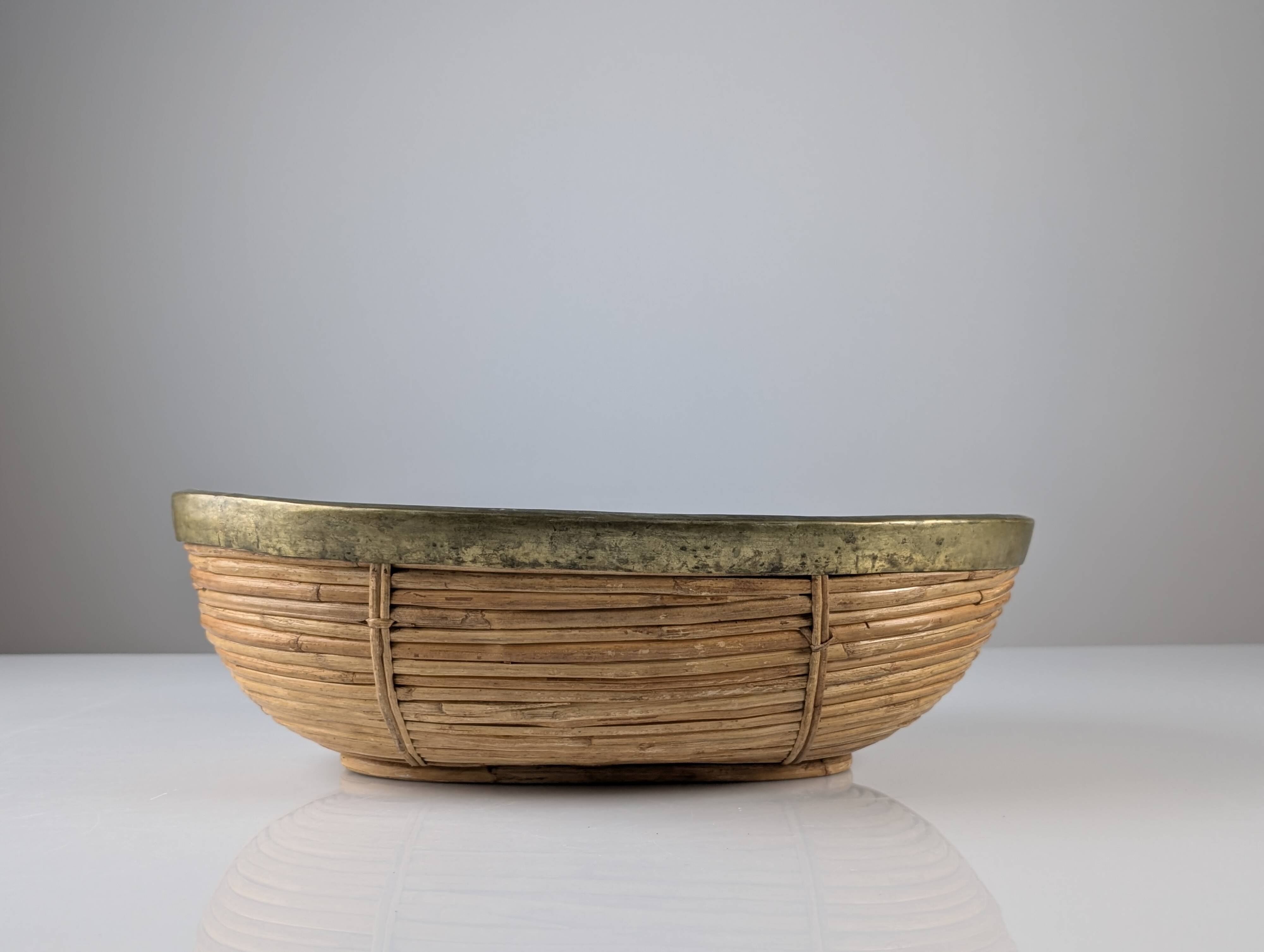 Italian oval rattan and brass centerpiece, mid-century style, 1970s