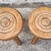Set of rustic chairs and stools in carved oak, vintage, 1950s.