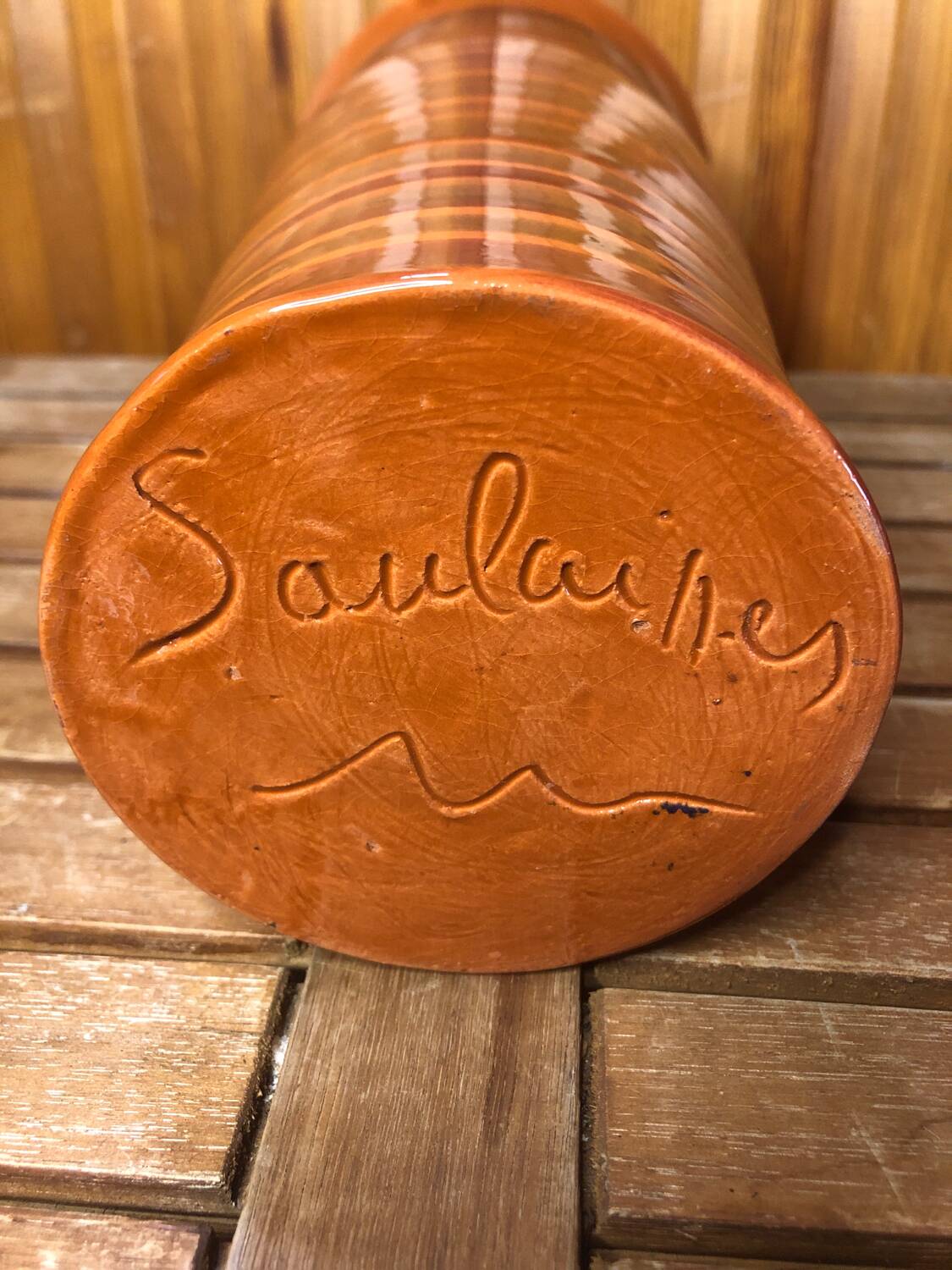 Old soulaines vase france ceramic brown & orange vintage #a393