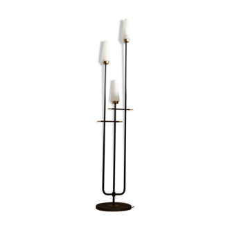 Black lacquered metal lamppost, brass and opalescent glass by Arlus, 1950