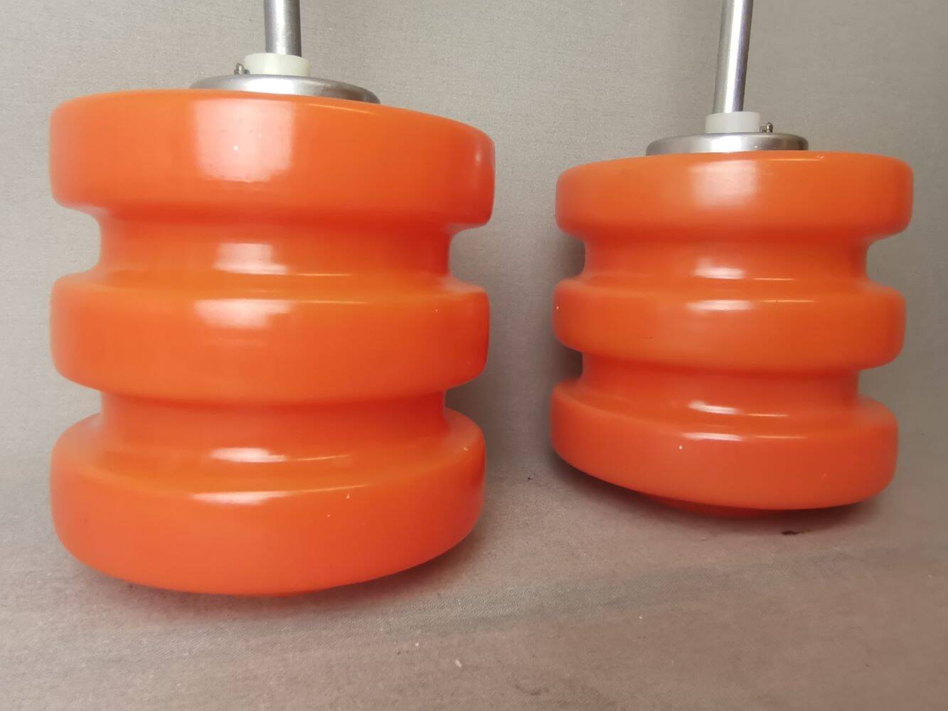 Pair Mid Century Modern MCM orange glass hanging lamps