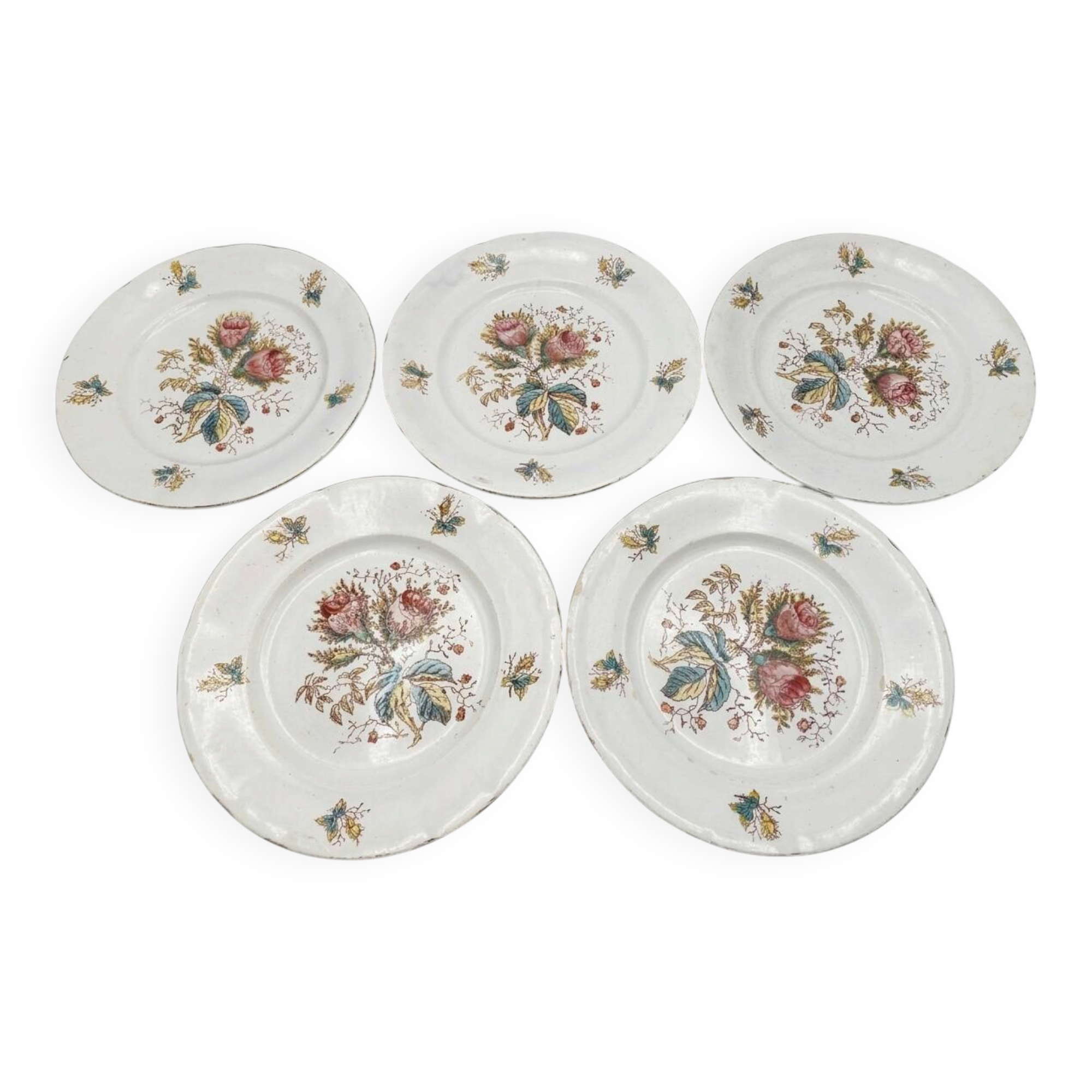 Set of 5 flat plates in antique earthenware – Saint-Amand – "Anemone"