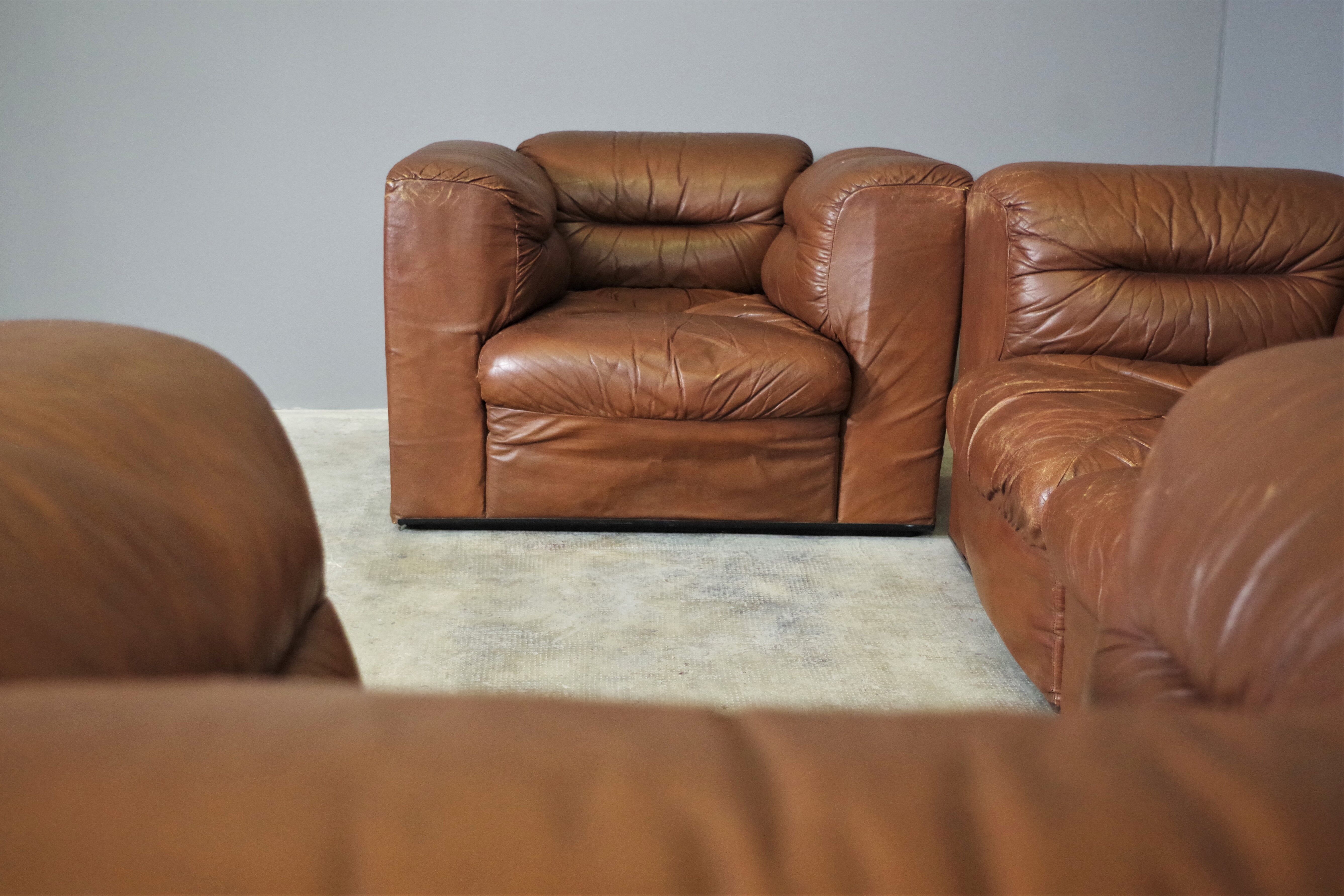 Cognac leather armchairs by BL Arredamenti, 1970s, set of 4