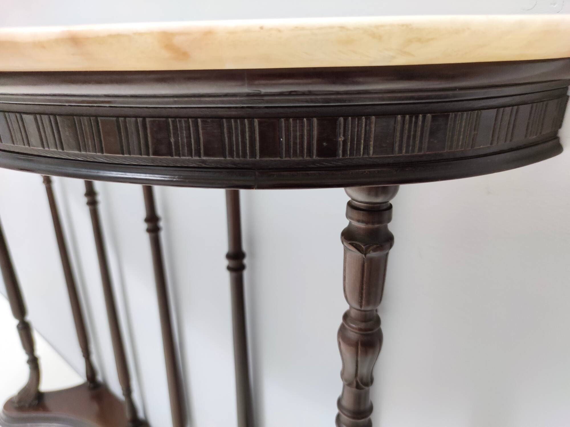Neoclassical Style Turned Beech Console Table with a Demilune Marble Top, Italy