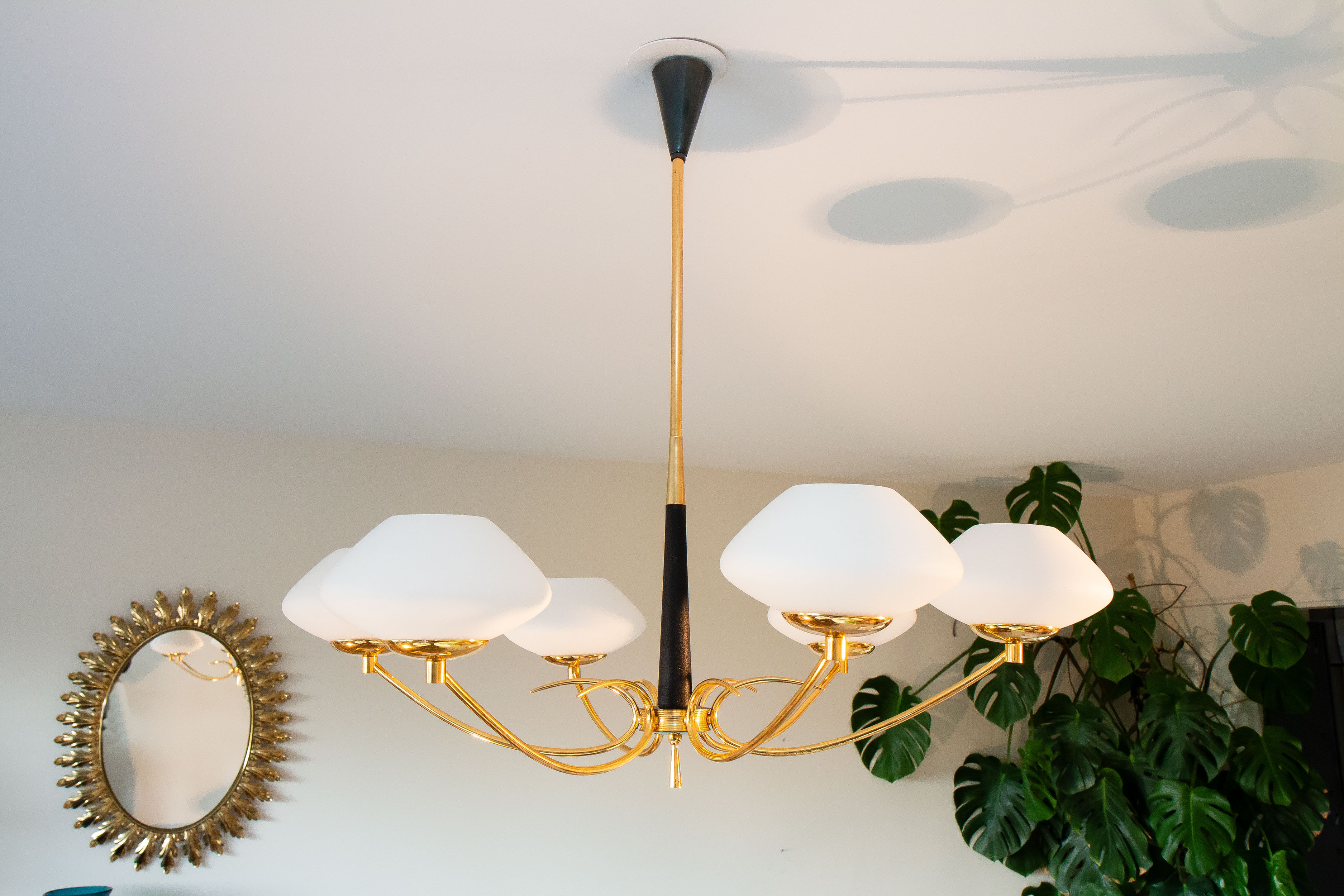 Pendant light in brass and opaline 50s