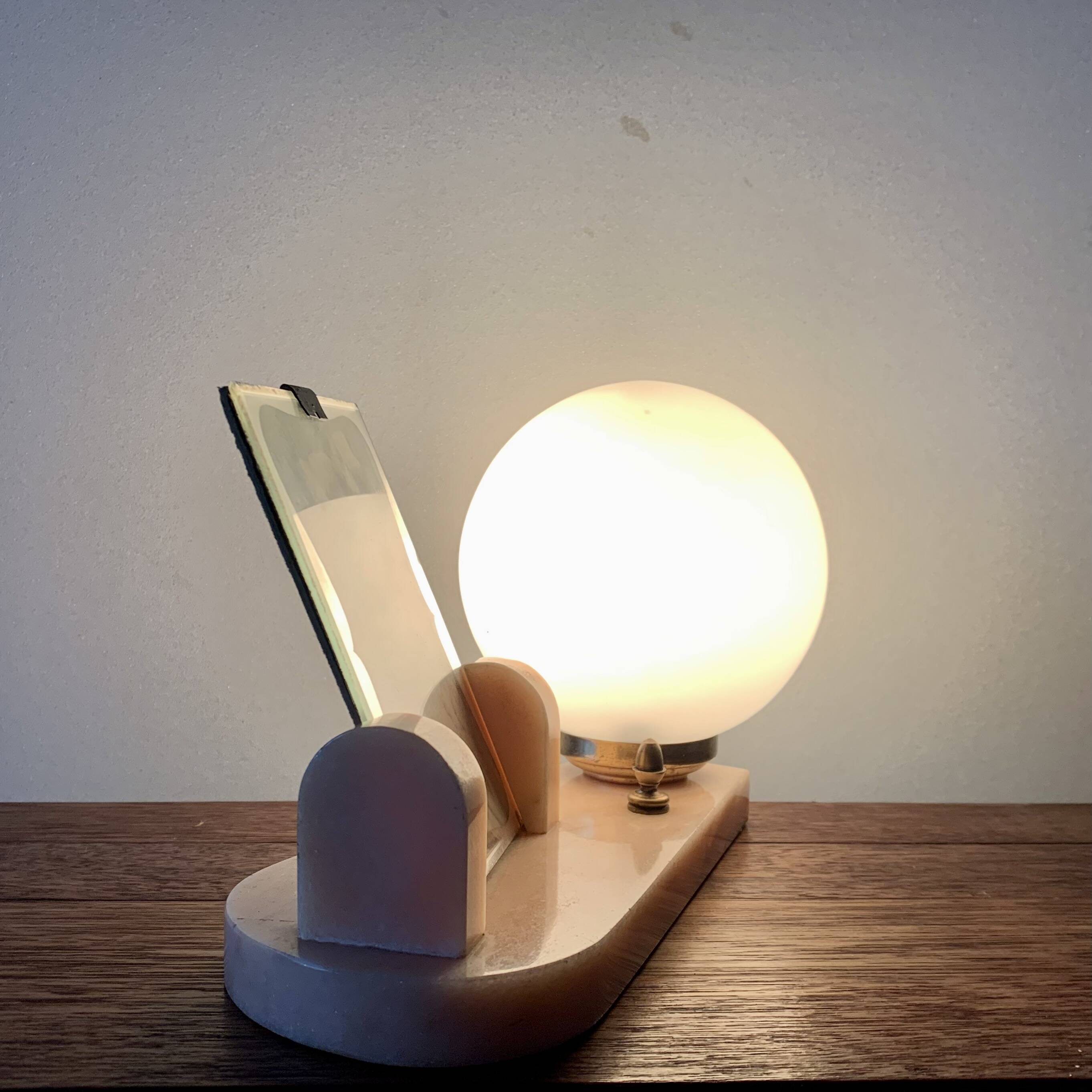 Art Deco pink marble and glass bedside lamp with photo holder