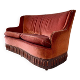 Fauteuil deux places vintage en velours rose poudré avec franges