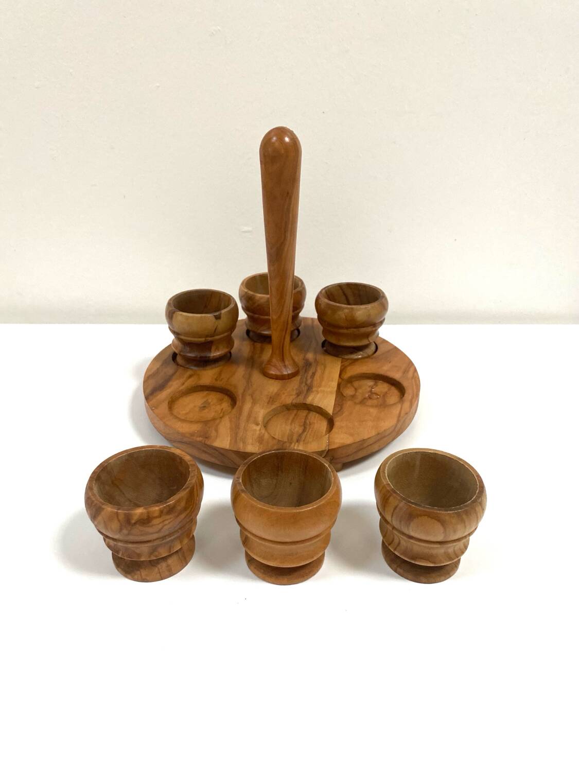 Set of 6 vintage olive wood egg cups