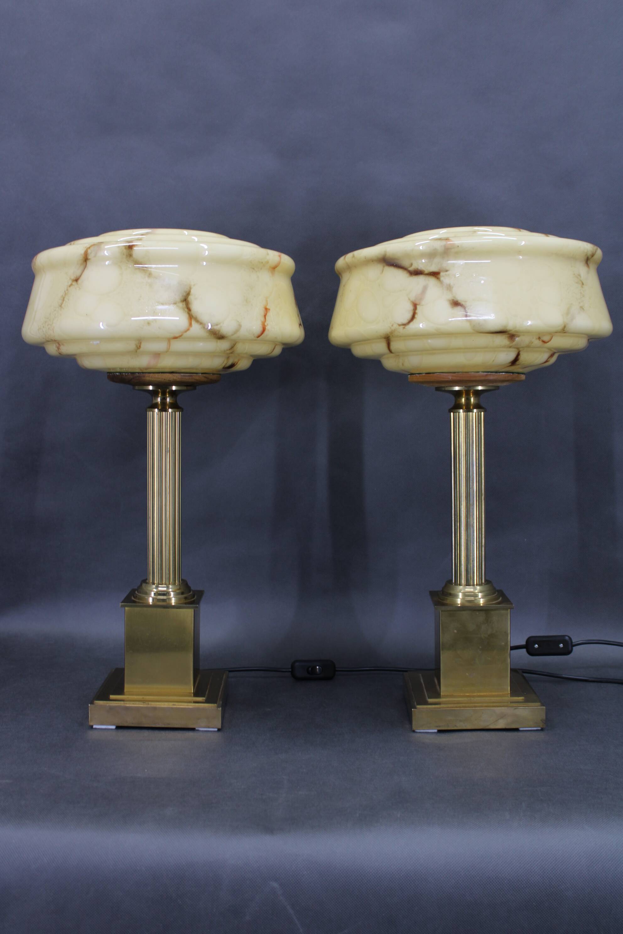 1940s Pair of Italian Restored Brass Table Lamps with Glass Shades