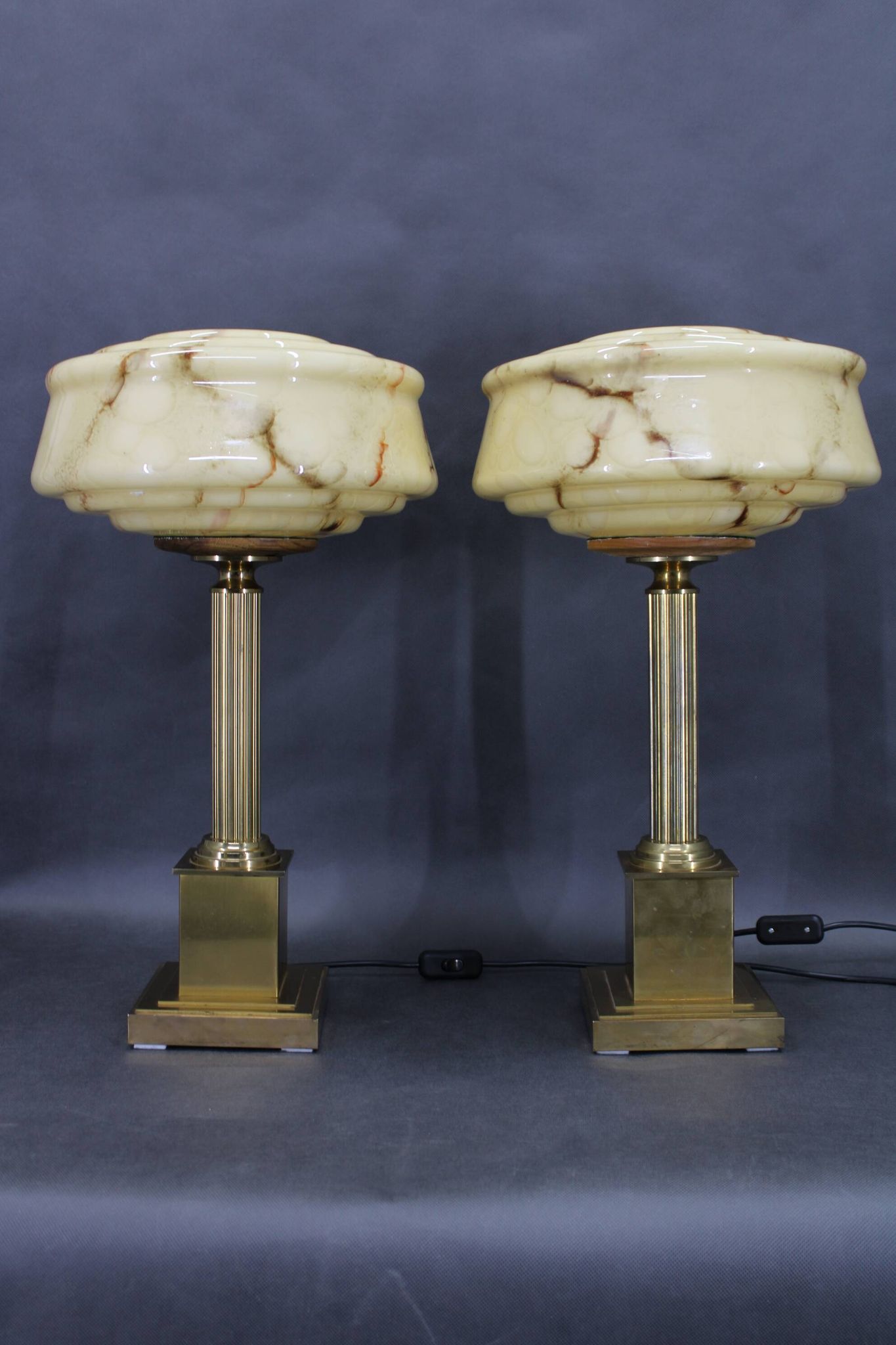 1940s Pair of Italian Restored Brass Table Lamps with Glass Shades