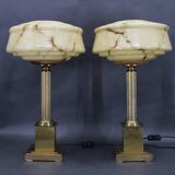 1940s Pair of Italian Restored Brass Table Lamps with Glass Shades