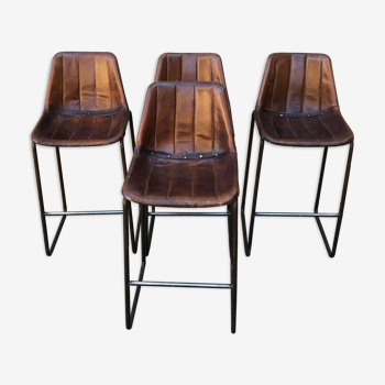 Ensemble de 4 tabourets hauts assise en cuir années 1970