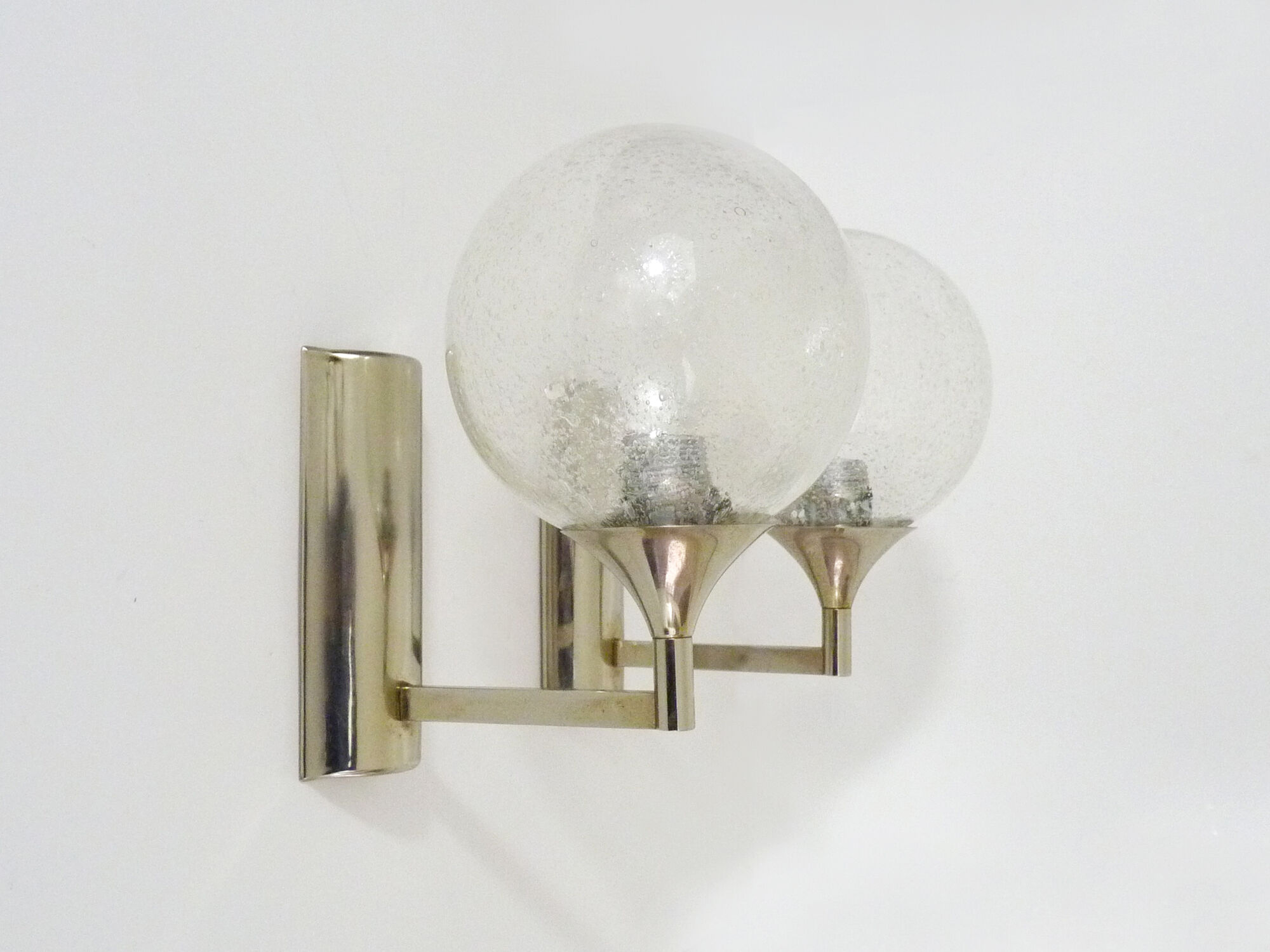 Pair of chrome metal wall sconces and blown glass