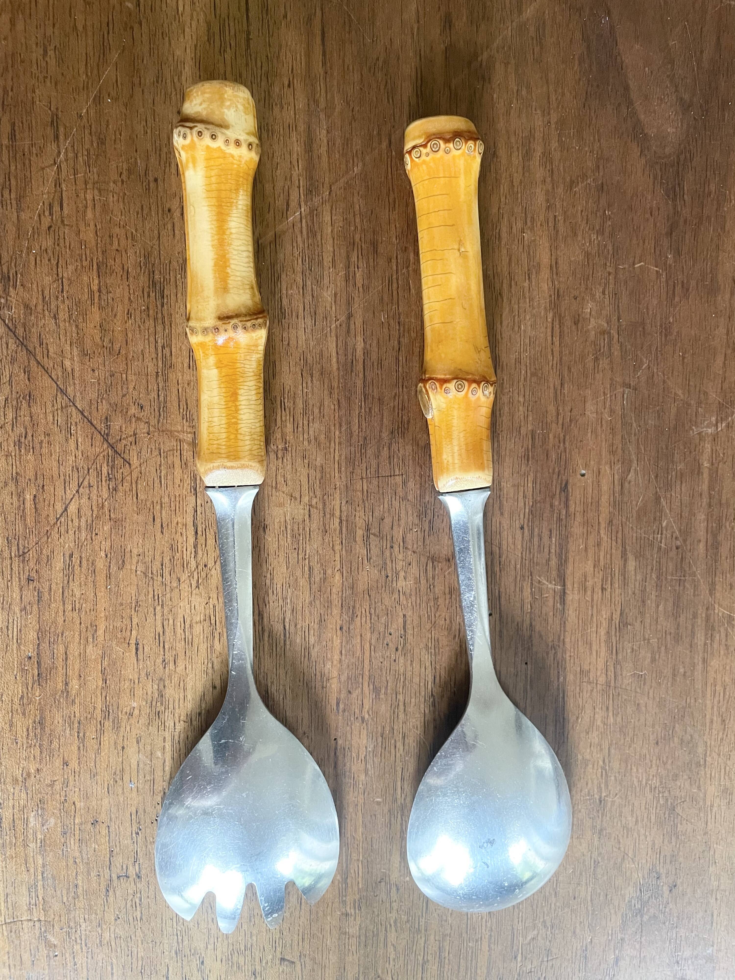 Salad servers with bamboo handles