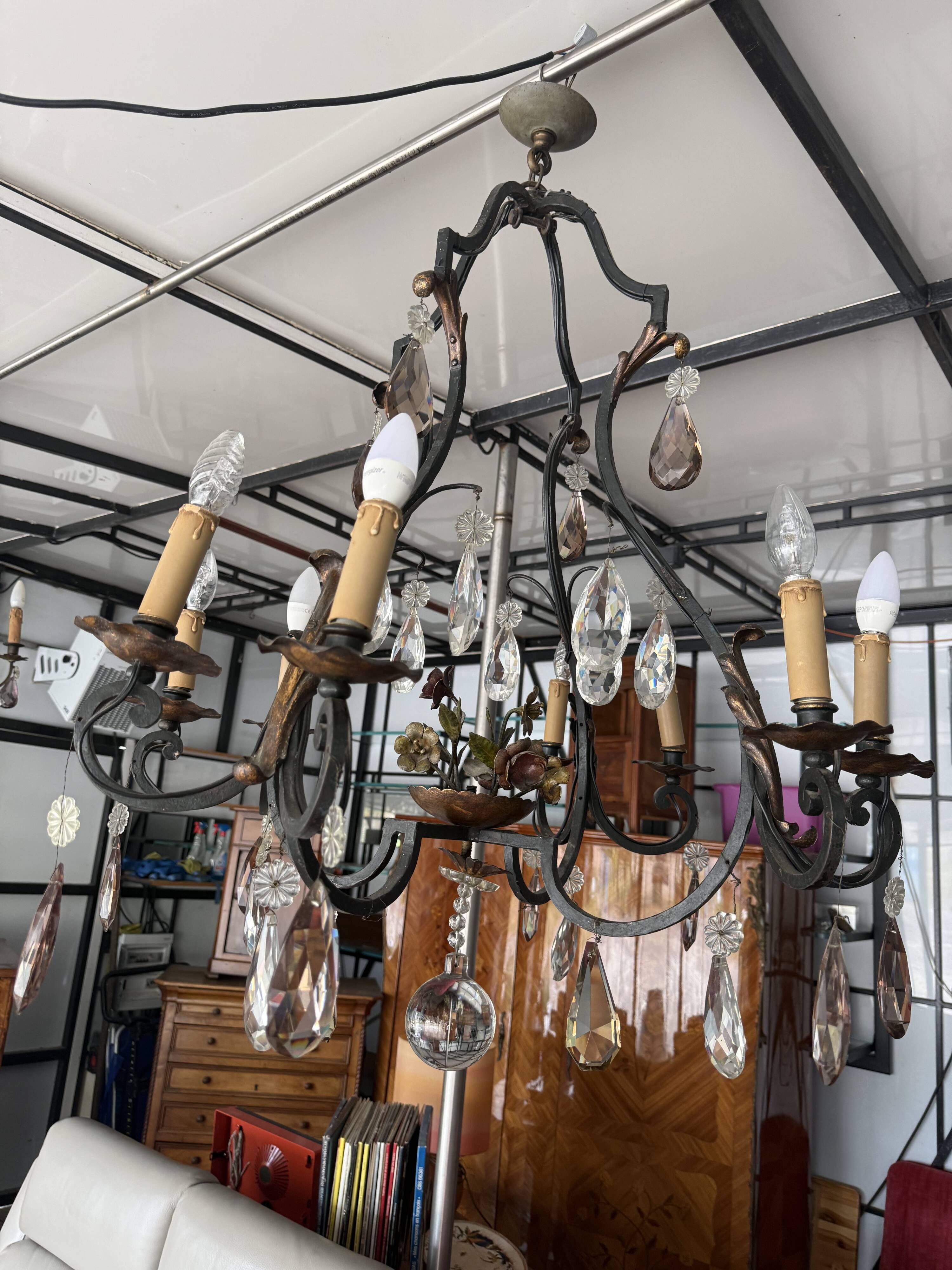 Lustre cage with 8 lights - Louis XV style with flowers 98 X 80