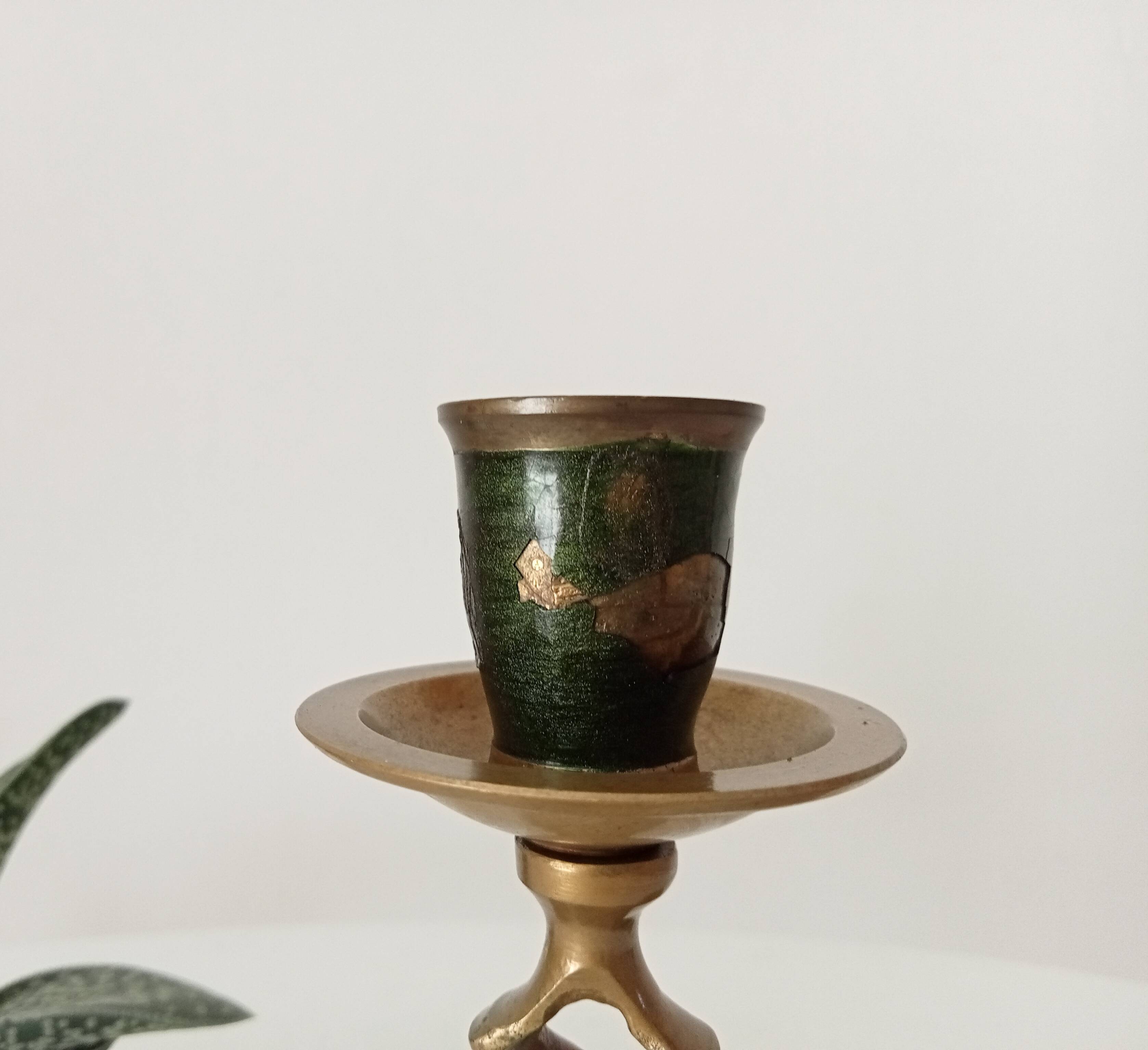 Twisted vintage candlestick in enamelled solid brass