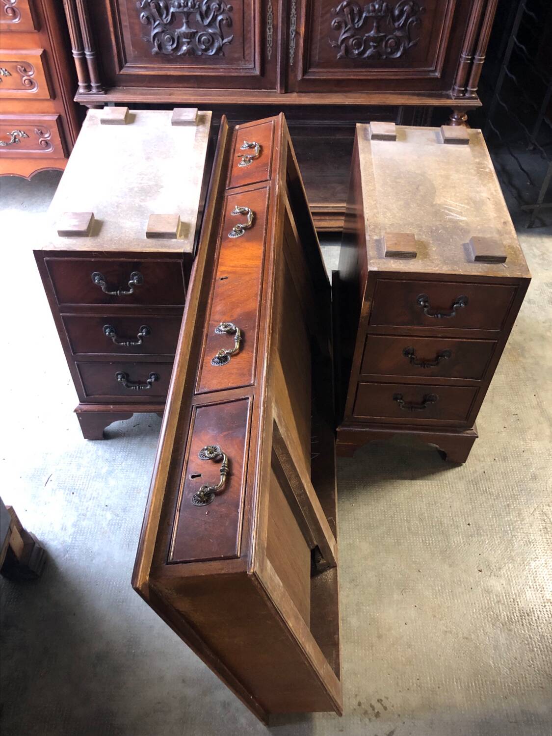 English pedestal desk with green leather top